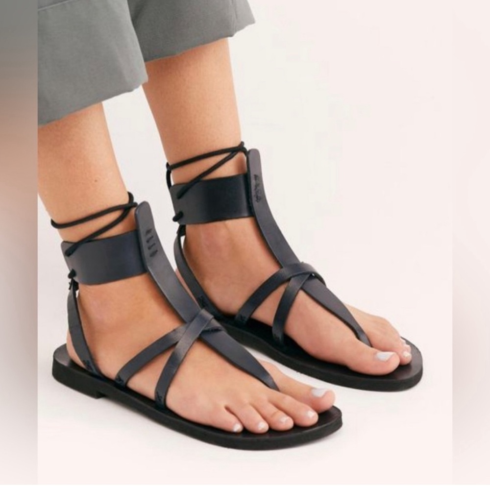 Free People Vacation Day Wrap Black Leather Sandals Size 8.5